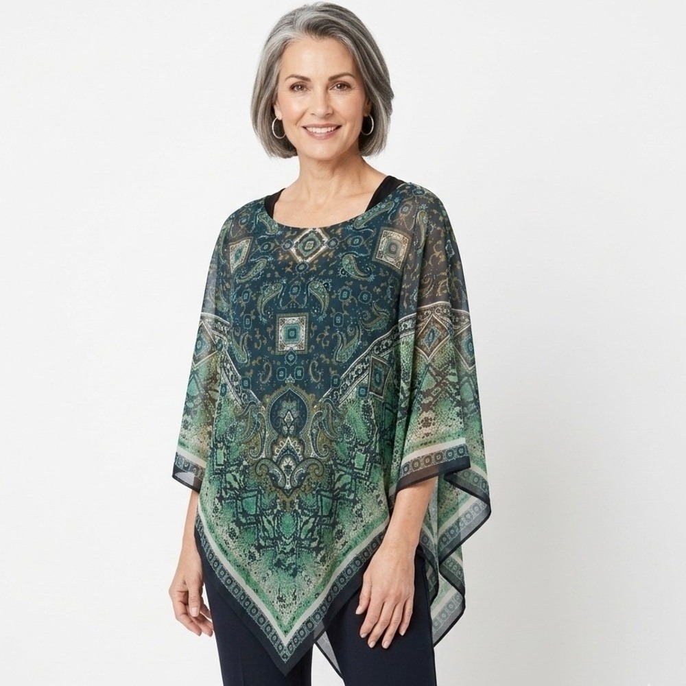 Dana Buchman Size Large Sheer Chiffon Poncho Blouse Paisley Resort Wear Top